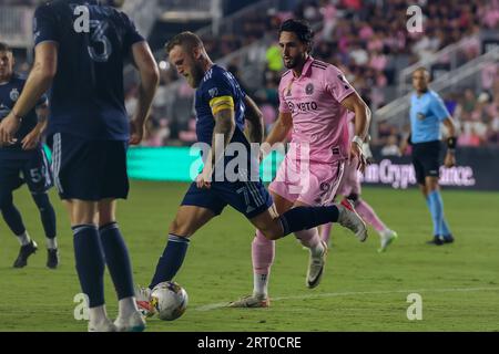 Leonardo Campana, der um den Ball kämpft.Florida, USA, 9. September 2023, Inter Miami CF gegen Sporting Kansas City City, MLS, Ergebnis: Inter Miami 3 Sporting KC 2. Quelle: CHRIS ARJOON/Alamy Live News Stockfoto