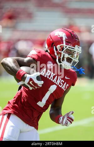 9. September 2023: Arkansas Defensive Back Lorando Johnson #1 bringt den Ball an die Seitenlinie. Arkansas besiegte Kent St. 28-6 in Fayetteville, AR. Richey Miller/CSM (Bild: © Richey Miller/Cal Sport Media) Stockfoto