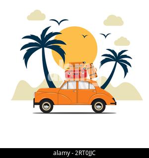 Straßenfahrt mit dem Auto mit Verzögerung. Wunderschöner Sonnenuntergang von Bergen, Bäumen und Vögeln Stock Vektor