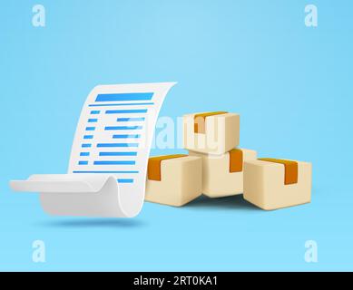 3D-Bannervorlage für die Zustellung. Beleg mit Frachtkästen oder Paketsymbol, isoliert auf dem Hintergrund. Versandservice, Logistikkonzept. 3D-Vektorillustration. . Vektorillustration Stock Vektor