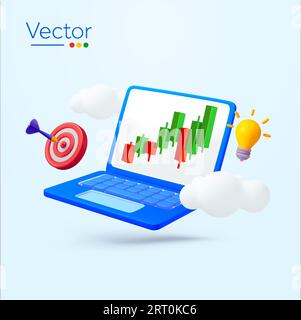 Banner-Vorlage für 3D-Investitionen und -Handel. Finanzziel und Ideenkonzept. Wachsendes Portfolio. Laptop- und Kerzendiagrammsymbol mit Wolken, Glühbirne, Bullauge, isoliertem Hintergrund. 3D-Vektorillustration. Vektorillustration Stock Vektor
