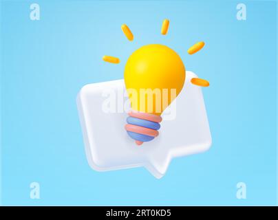 3D-Glühbirne mit Chat- oder Denkblase, minimaler Stil, isoliert auf Hintergrund. Symbol für neue Ideen, Symbol für Innovationen, großartiges Lösungskonzept. 3D-Vektorillustration. Vektorillustration Stock Vektor