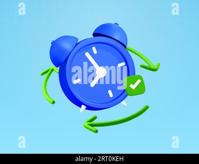 Blauer Wecker mit grünem Zykluspfeil, grünem Häkchen-Symbol, isolierter Hintergrund. Konzept der zeitlichen Genehmigung. Symbol-Vektor-Rendering in isoliertem Blau. 3D-Vektorillustration. Vektorillustration Stock Vektor