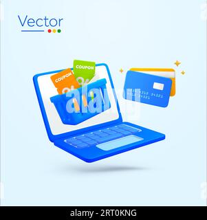 3D-Bannervorlage für Online-Shopping und -Zahlung. Rabatt- und Cashback-Konzept für den Einzelhandel. Laptop mit Einkaufskorb, Gutschein oder Gutscheinen, Bankkreditkarten isoliert im Hintergrund. Vektorillustration. Vektorillustration Stock Vektor