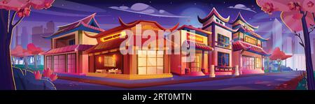 Night China Town Street in der modernen Stadt. Vektor-Zeichentrickillustration von alten chinesischen Gebäuden, Teestube, traditionelles Restaurant, rote Papierlüge Stock Vektor