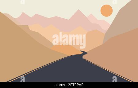 Straße Berge abstrakte Landschaft warmer Hintergrund. Tapeten im minimalistischen Design für Drucke, Wandbilder, Poster, Deckblätter und vieles mehr. Stock Vektor