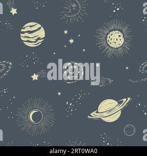 Planeten und Sterne, alte Himmelskörper am Himmel. Mondsichel und Sternenhimmel mit leuchtenden Figuren und Formen. Nahtloser Stardust-Musterdruck oder b Stock Vektor