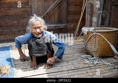 Einheimische Frau aus dem Stamm der Apatani mit Gesichtstätowierungen vor einem traditionellen Holzhaus in einem kleinen Dorf in der Nähe von Ziro in Arunachal Pradesh, Indien Stockfoto