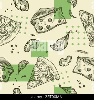 Pizzeria Service, leckere authentische italienische Pizza. Gebackener Teig mit Pilzen und Salami, Kräutern und Käse, Sauce. Nahtloser Musterdruck oder b Stock Vektor