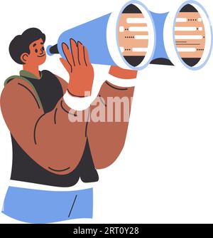 Männliches Zeichen, das Ferngläser verwendet, um entfernte Objekte zu betrachten. Isolierter Mann mit Zoomwerkzeug mit optischer Linse. Instrument für Arbeit und Geschäftsentwicklung Stock Vektor