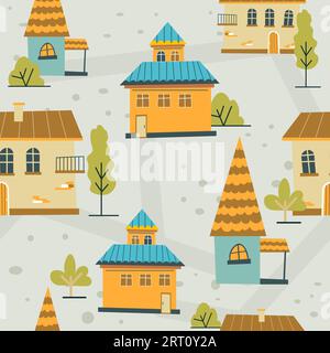 Holzhäuser mit Garten, rustikale Häuser mit Ziegeldach. Land- oder dörflicher Lebensstil und Architektur der Kleinstadt. Hintergrund- oder Hintergrundbild, Stock Vektor