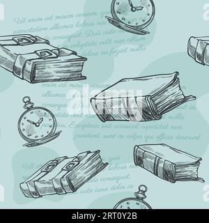 Alte oder antike Bücher mit Gürtel und Uhr. Literatur und Freizeit, Lesen und Schreiben von Poesie. Uhr und Publikationen. Nahtloser Musterdruck oder Stock Vektor