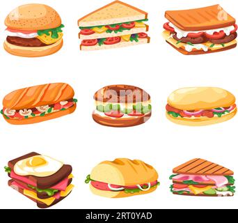 Leckeres Fast Food und Snacks, isolierte Sandwiches und Brotbrötchen mit Fleisch, Gemüse und Käse. Gesunde Produkte und Zutaten, Tomaten und Zwiebeln Stock Vektor