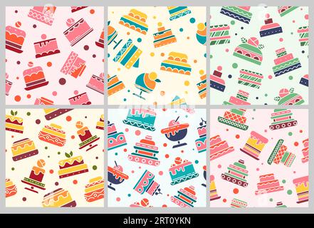 Dekoratives Set mit süßem Kuchen. Bunte flache Konditoreielemente an der Hintergrunddekorationssammlung, Vektorillustration. S Stock Vektor