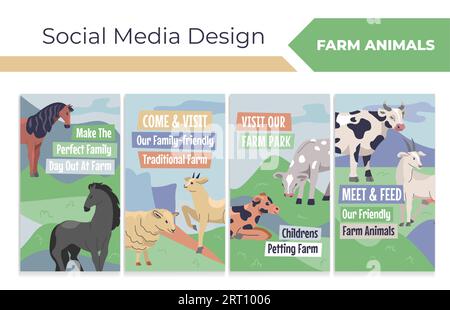 Design-Set für soziale Medien für das Angebot von landwirtschaftlichen Dienstleistungen. Niedliche Zeichentricktiere bei Network Story Collection, Vektorillustration. Webseite mit Haustier auf dem Feld, Haustier Stock Vektor