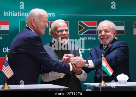 New Delhi, Indien. September 2023. Delhi, Indien. September 2023. Während des G20-Gipfels führte die indische Premierministerin Narendra Modi und andere führende Politiker bei der Einführung der Global Bio Fuel Alliance in Bharat Mandapam, Neu-Delhi. Quelle: Seshadri SUKUMAR/Alamy Live News Stockfoto