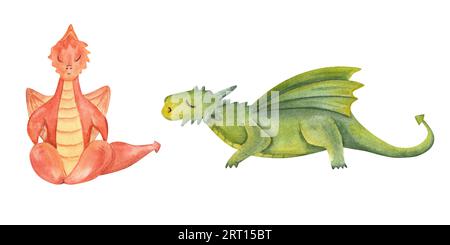 Orange und grüne Drachen machen Yoga. Plank-Übung, Lotus-Pose. Geflügelte Tiere Meditation. Der farbige Drache übt Fitness. Cartoon-Stil. Stockfoto