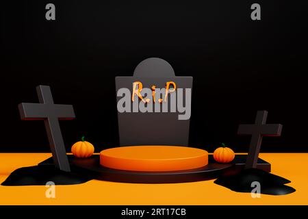Produktpräsentation für Halloween-Themen. 3D-Rendering, Podium-Sockel oder Plattform im leeren Hintergrund minimal, 3D-Produktmodell, Produktpräsentation. Stockfoto