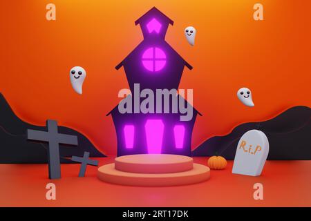 Produktpräsentation für Halloween-Themen. 3D-Rendering, Podium-Sockel oder Plattform im leeren Hintergrund minimal, 3D-Produktmodell, Produktpräsentation. Stockfoto