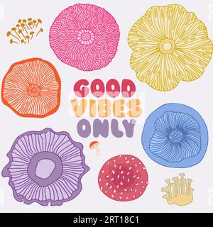Gute Vibes nur im Doodle-Stil handgezeichnetes Typografie-Design mit Pilzen. Stock Vektor
