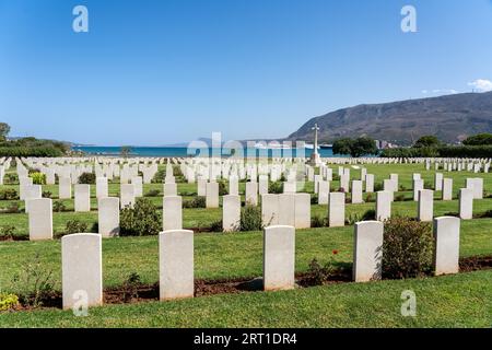 Kreta, Griechenland, 20. September 2021: Souda Bay war Cemetery, ein alliierter Kriegsfriedhof, der von der Commonwealth war Graves Commission verwaltet wird Stockfoto