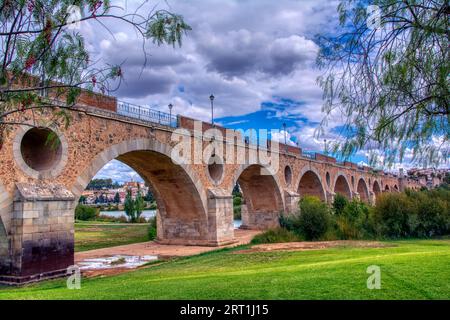 Palmas Bridge in der extremen Stadt Badajoz. Extremadura, Spanien. Stockfoto