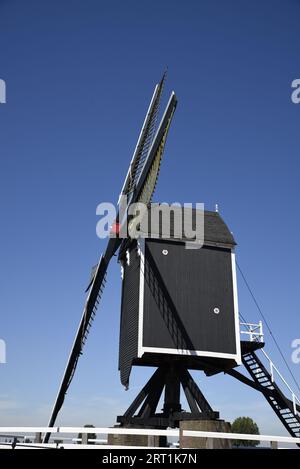 Die Mühle I ist eine der drei Wallmühlen auf den Festungsmauern der Stadt Heusden; seitlicher Blick auf die schwarze Holzmühle, die Segel und eine Treppe Stockfoto