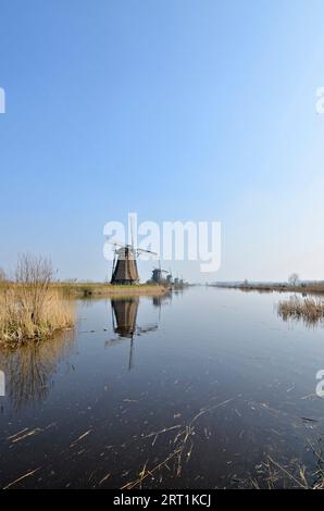 Die Mühlen Kinderdijk spiegelten sich an einem klaren, sonnigen Frühlingstag in fast gerilltem Wasser wider Stockfoto