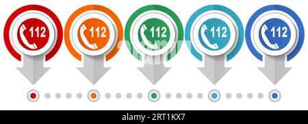 Notruf, Nummer 112 Vektorsymbolsatz, Infografik-Vorlage mit flachem Design, Symbole für Zeigerkonzept in 5 Farboptionen für Webdesign und mobilen ap Stock Vektor