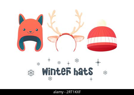 Wintermützen, Accessoires Hörner, fuchsförmige Hüte, Kindermützen. Vektorillustration Stock Vektor