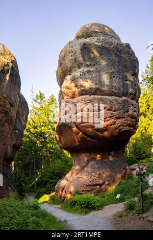 Der Kelchstein ist ein Pilzfelsen im Zittauer Gebirge bei Oybin in Sachsen und Teil des Kelchsteine-Naturdenkmals. Der Kelchstein ist gemacht Stockfoto