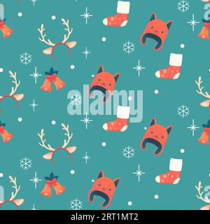 Nahtloses Muster, Winteraccessoires, Mütze, Socken, Geweih, Glocken. Vektorillustration Stock Vektor