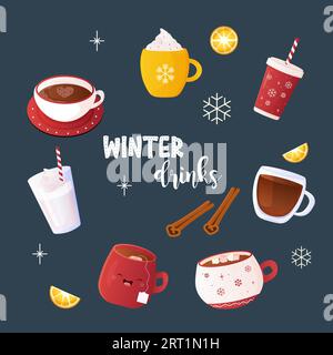 Wintergetränke, Tee, Kaffee, Set, Clip Art, Glühwein, Mursmallow und Vektor-Illustration Stock Vektor