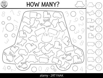 Transport Ich spioniere schwarz-weißes Spiel für Kinder in Fahrzeugform aus. Suchen und Zählen von Aktivitäten mit Auto, Flugzeug, Zug, Hubschrauber. Transport PR Stock Vektor