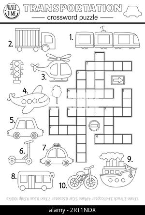Vector Transport Kreuzworträtsel schwarz-weiß Puzzle für Kinder. Einfaches Quiz mit Auto, LKW, Flugzeug, Taxi, Schiff, Bus, Roller, Fahrrad, Hubschrauber. Stock Vektor
