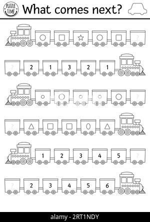 Was kommt als Nächstes? Transport passend zu schwarz-weiß Aktivität für Kinder mit Zug, Wagen. Form, Zahl, Größe des logischen Arbeitsblatts oder der Farbe für den Transport Stock Vektor