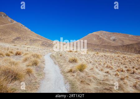 Der legendäre Lindis Pass an einem sonnigen Frühlingstag auf der Südinsel Neuseelands Stockfoto