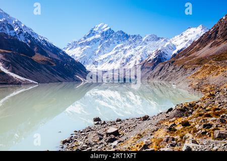 Die ikonischen Halber Tag Hooker Valley Track Wanderung am Mt Cook in Neuseeland Stockfoto