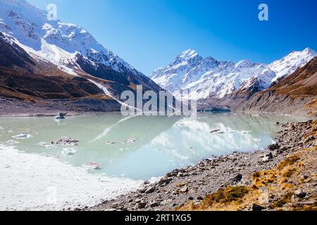 Die ikonischen Halber Tag Hooker Valley Track Wanderung am Mt Cook in Neuseeland Stockfoto