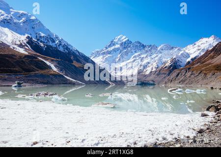 Die ikonischen Halber Tag Hooker Valley Track Wanderung am Mt Cook in Neuseeland Stockfoto