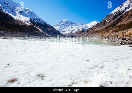 Der Hooker Glacial Lake am Ende der Hooker Valley Track Wanderung am Mt Cook in Neuseeland Stockfoto