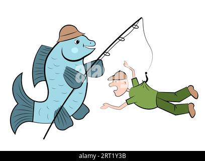 Der Fisch fing den Fischer mit einer Angelrute. Angeln Stock Vektor