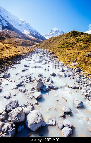 Die ikonischen Halber Tag Hooker Valley Track Wanderung am Mt Cook in Neuseeland Stockfoto