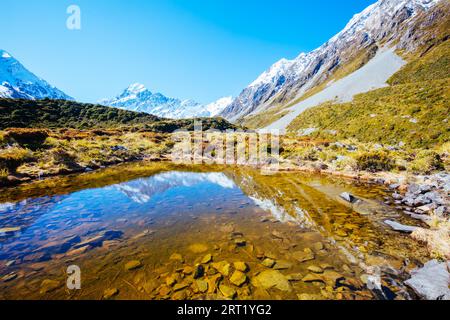 Die ikonischen Halber Tag Hooker Valley Track Wanderung am Mt Cook in Neuseeland Stockfoto