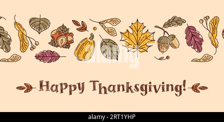 Alles Gute Zum Thanksgiving. Horizontale Umrandung aus farbenfrohem, modernem Herbstblatt, Samen, Nüssen und Kürbis. Familientraditionen. Vintage-Illustration in Doodle s Stock Vektor