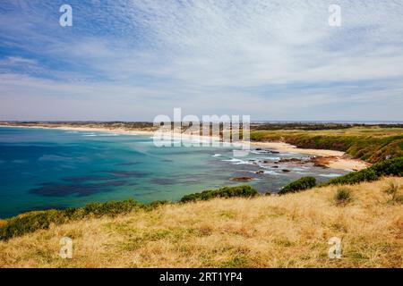 Der berühmte Cape Woolamai Surf Beach und Cowrie Patch Beach von Pinnacles Lookout auf Phillip Island, Victoria, Australien Stockfoto