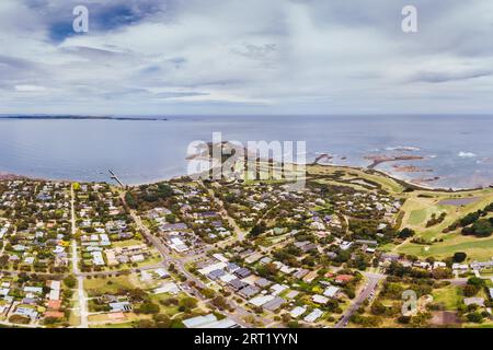 Eine Luftaufnahme der Mornington Peninsula in Richtung Flinders und Phillip Island in Victoria, Australien Stockfoto