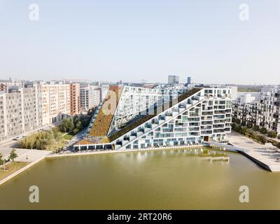 Kopenhagen, Dänemark, 26. August 2019: Luftaufnahme des 8 Tallet-Gebäudes, entworfen vom berühmten dänischen Architekten Bjarke Ingels Stockfoto