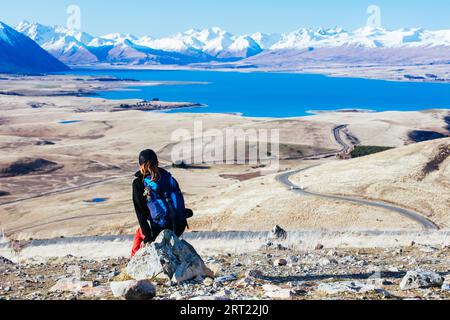 Ein Wanderer bewundert den Blick auf die südlichen alpen und den Alexandrina-See vom Mt John Walkway und dem Observatorium in der Nähe des Tekapo-Sees an einer klaren Quelle Stockfoto