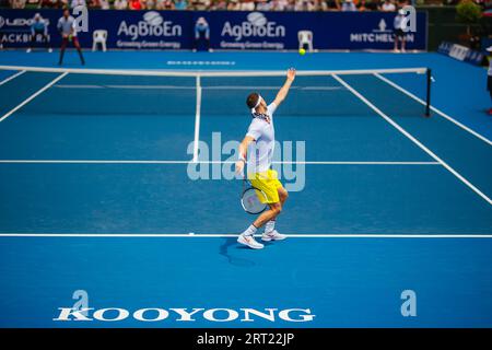 MELBOURNE, AUSTRALIEN, 16. JANUAR 2020: Grigor Dimitrov (BUL) dient Nick Kyrgios (aus) beim AgBioEn Kooyong Classic am 3. Tag in Melbourne Stockfoto